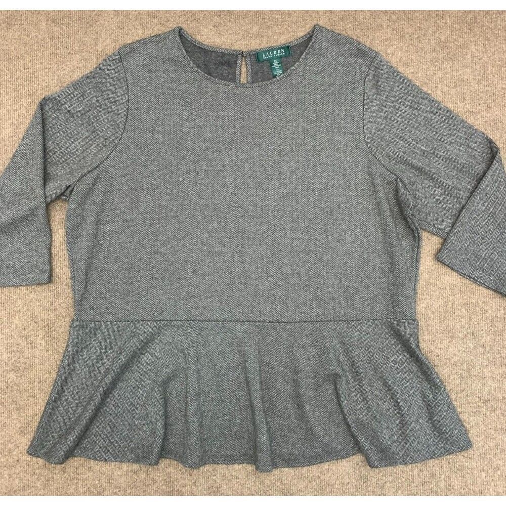 Ralph Lauren Top Womens 2X Herringbone Peplum 3/4 Sleeve Ruffle Shirt Blouse
